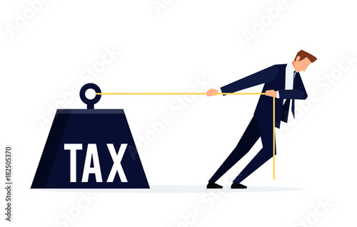Taxpayer. Businessman is pulling a huge weight with a tax.