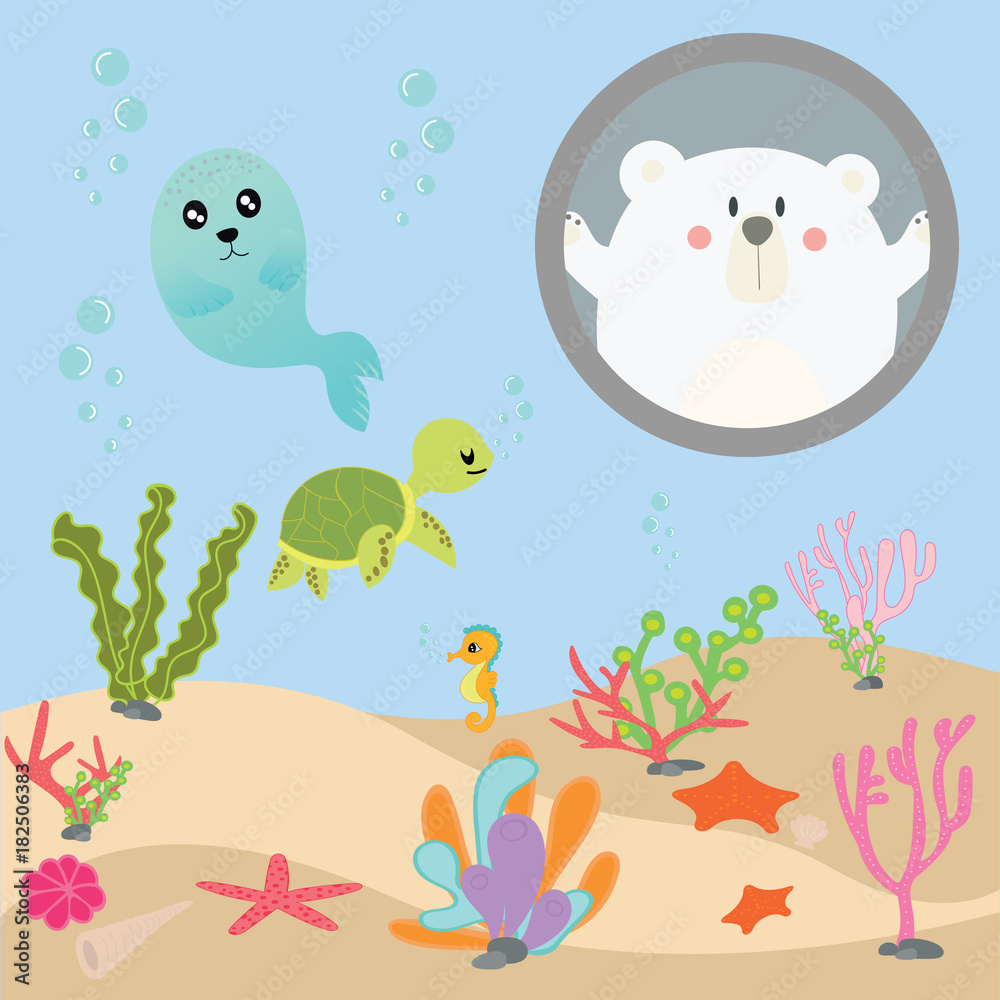 cute sea animal vector set in aquarium