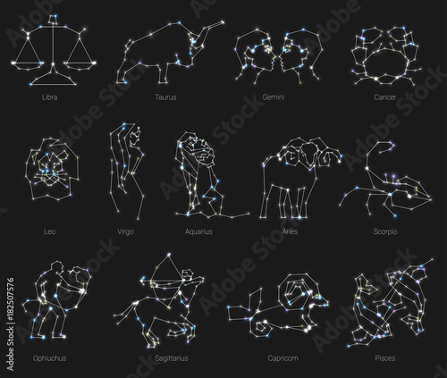 Horoscope, all Zodiac animals in constellation forms with line and stars. Collection of zodiac signs, thirteen of white elements, stars and constellations set. Zodiac animals constellation on deep sky