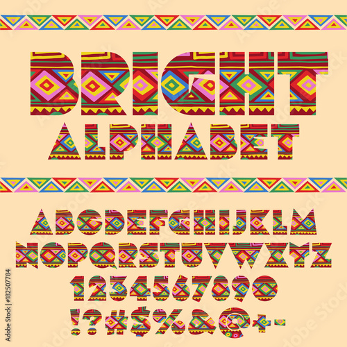 Vector abstract pattern ethnic African style Alphabet. Set of colorful Letters  Numbers and Symbols