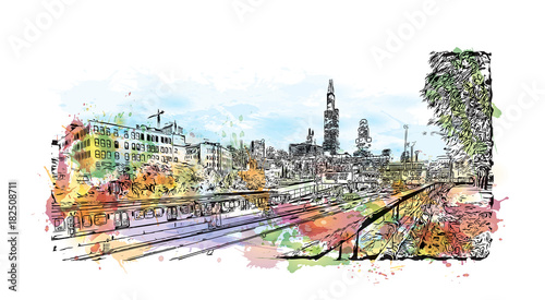 Watercolor splash with sketch illustration of Chicago Metro train with city skyline, USA in vector.