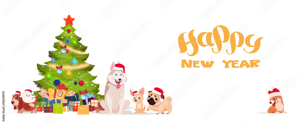 Christmas Tree And Cute Dogs In Santa Hats On White Background Happy New Year 2018 Banner Holiday Greeting Poster Flat Vector Illustration