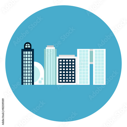 Modern Office Buildings Icon Web Button On Round Blue Background Flat Vector Illustration