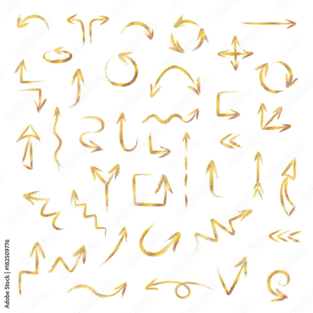 Hand drawn gold arrows set made of chalk or pastel texture, vector illustration