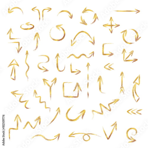 Hand drawn gold arrows set made of chalk or pastel texture, vector illustration