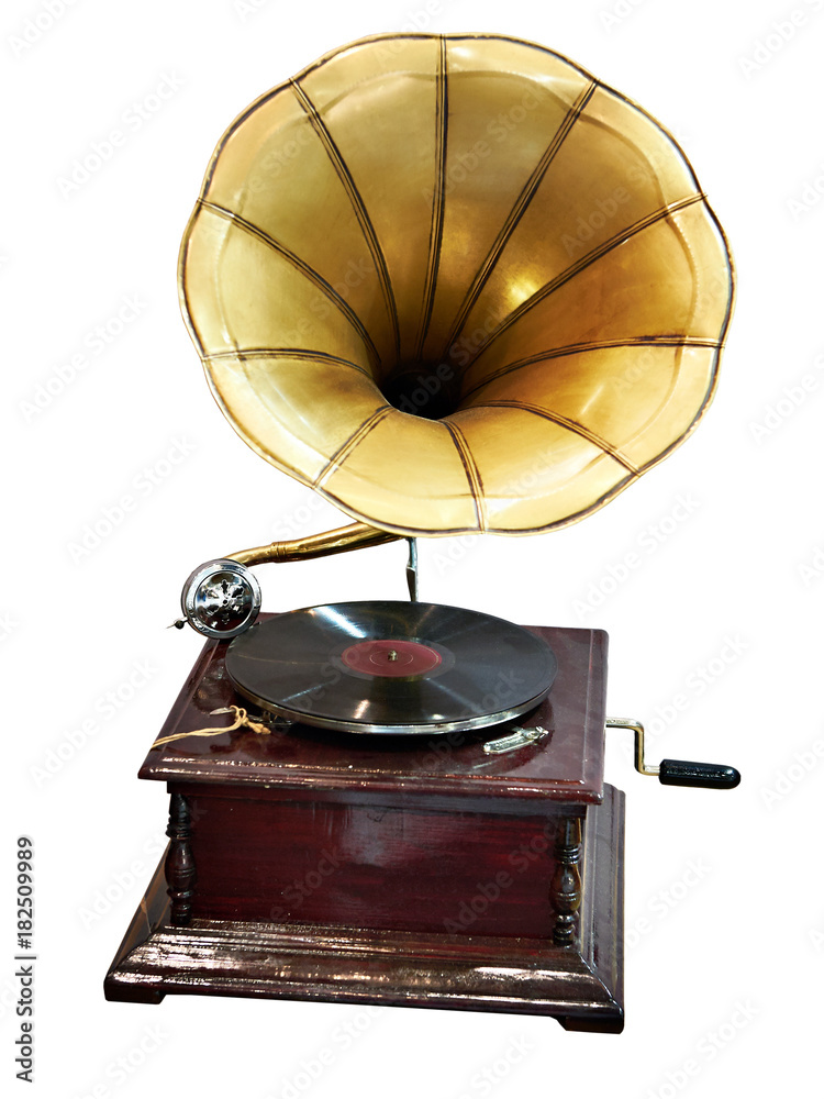 Vintage antique gramophone with phonograph record isolated Photos