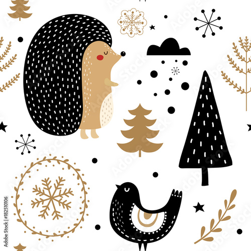 Seamless pattern with decorative illustrations on a Christmas theme