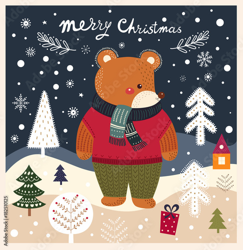 Christmas illustration with cute bear and winter landscape