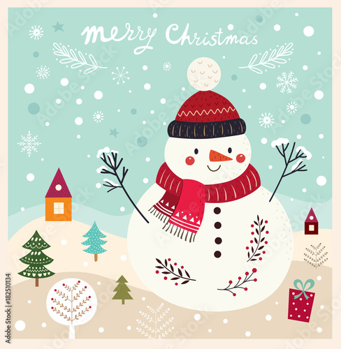 Christmas illustration with cute snowman, and winter landscape