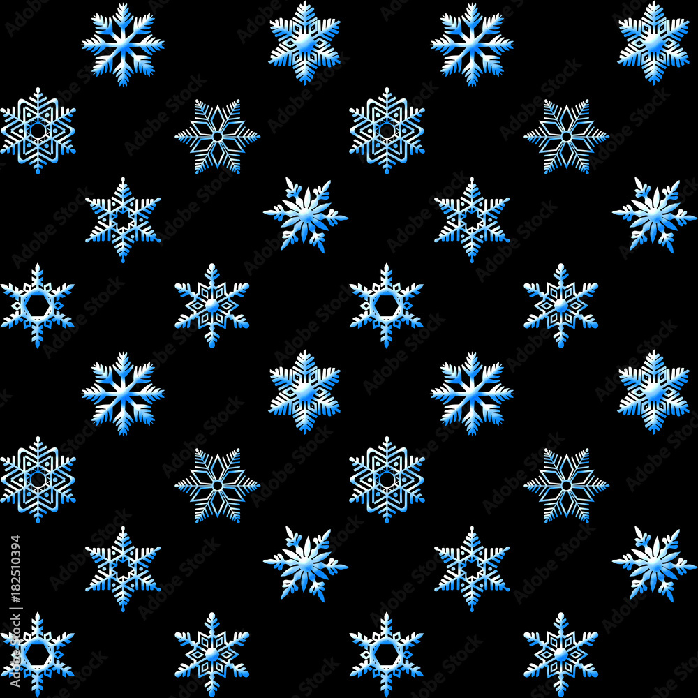 Stock Illustration - Seamless, Ice Blue Snowflakes, 3D Illustration, Black Background.