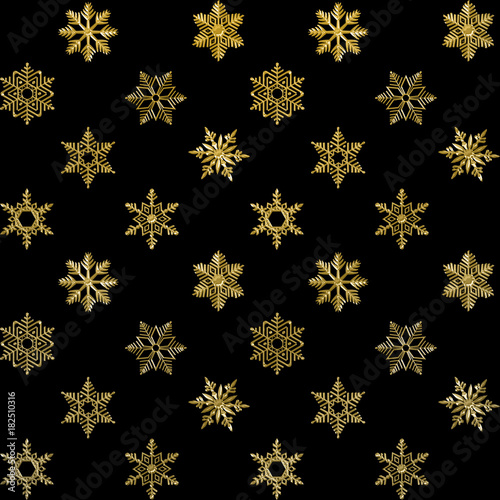 Stock Illustration - Seamless, Golden Snowflakes, 3D Illustration, Black Background.