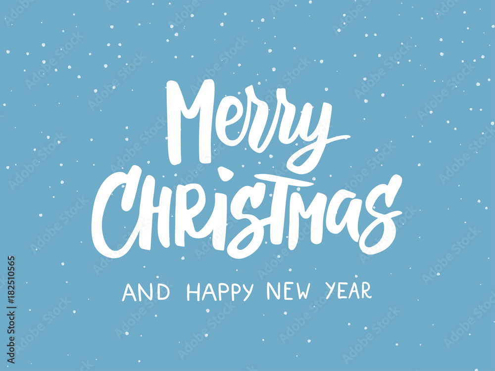 Merry Christmas text. Holiday greetings quote. Blue flat background with falling snow effect.