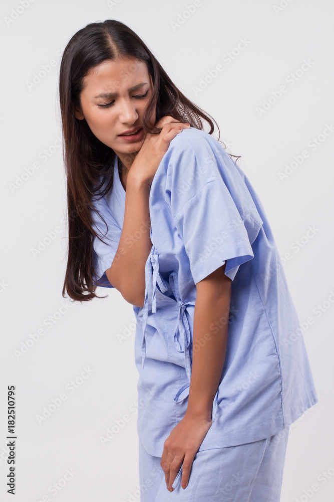 woman with shoulder or neck pain, stiffness, injury woman with shoulder or neck pain, stiffness, injury