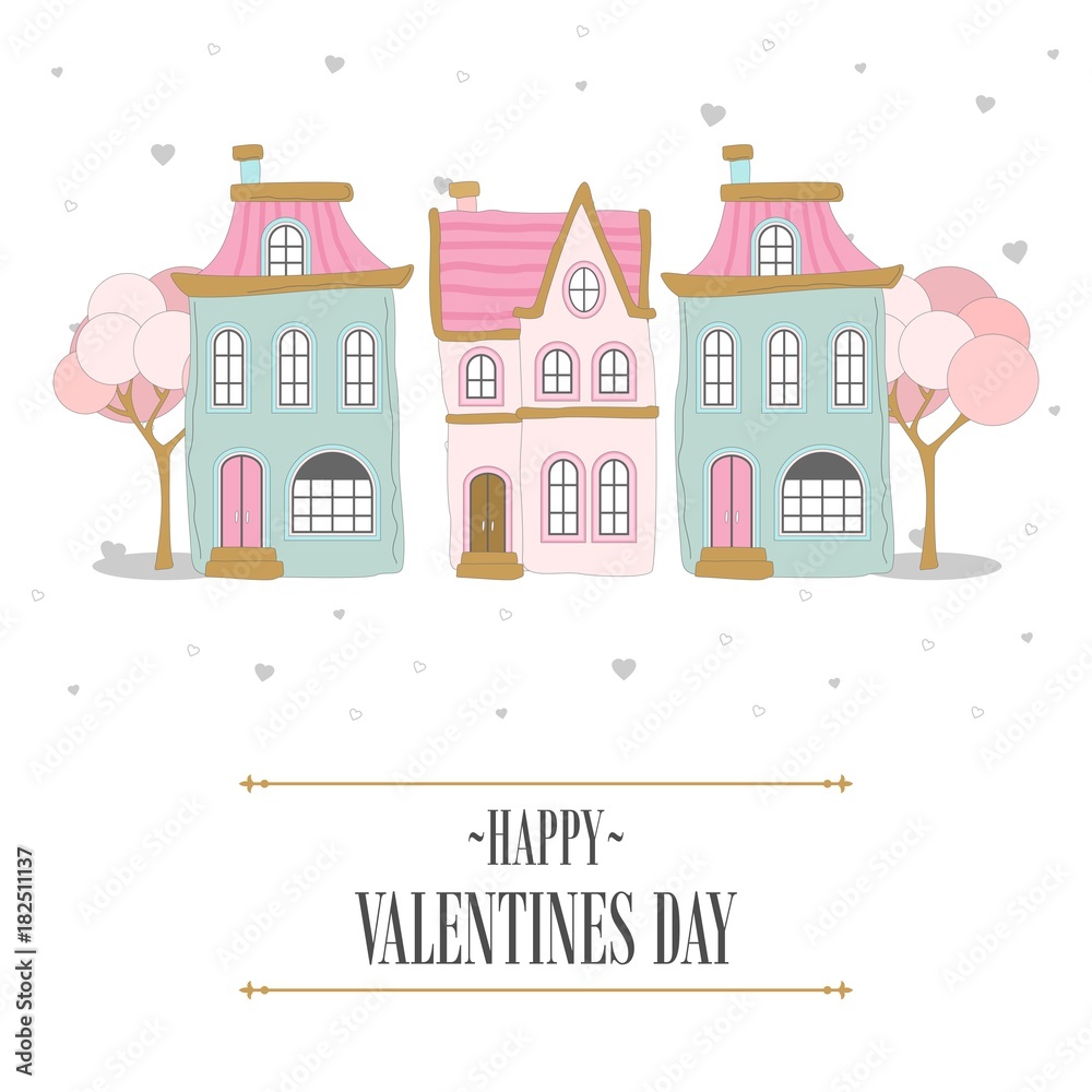 Romantic postcard with Valentine's Day. Elements and text. Vector illustration.