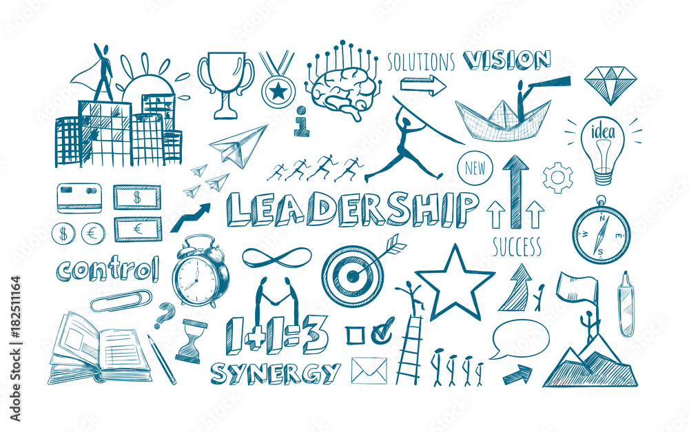 Leadership vector hand drawn Infographic icons set. Business strategy, financial managament and office isolated objects