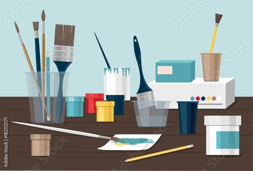 Hobby. Paints, brushes, colored pencil, pen, pains, paper. Back to school