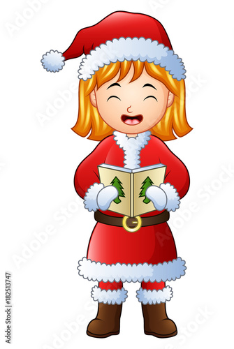 Cartoon girl singing christmas carols isolated on white background