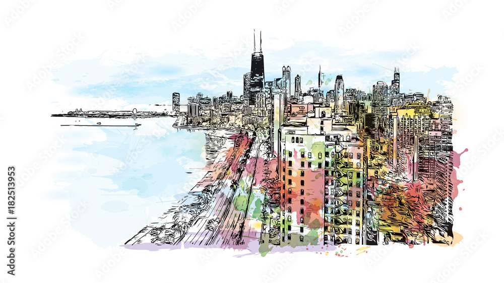Naklejka premium Akwarela splash z szkic ilustracji City Skyline Chicago, USA w wektorze.