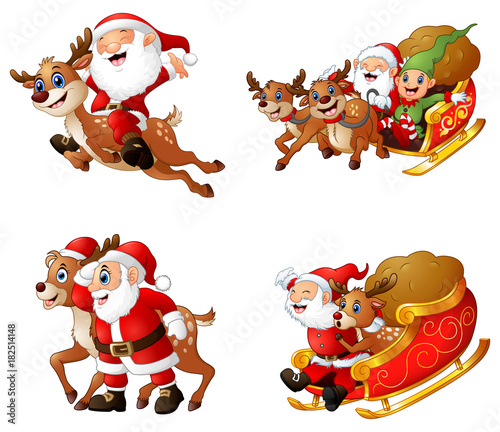 Collection of happy santa claus with a sleigh and reindeer