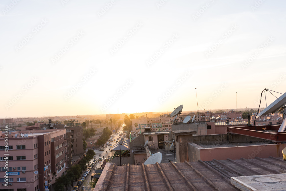 old town of marrakesh at sunrise viewed from rooftop