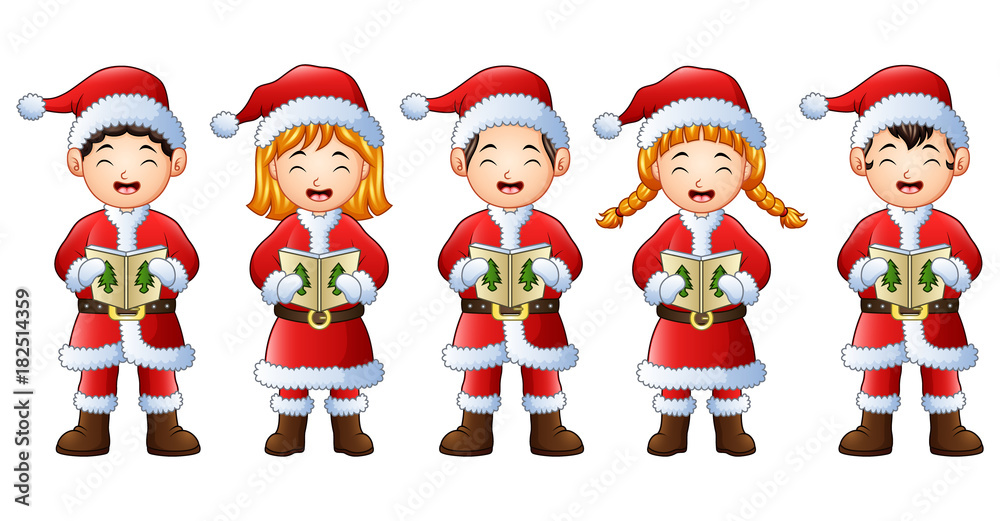 Five happy children singing christmas carols