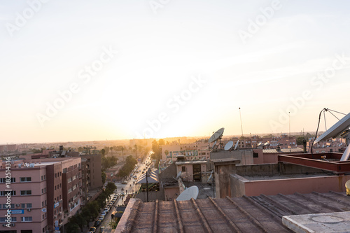 old town of marrakesh at sunrise viewed from rooftop