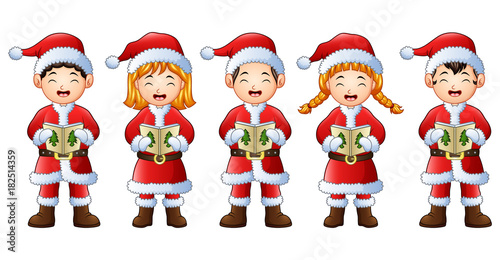 Five happy children singing christmas carols