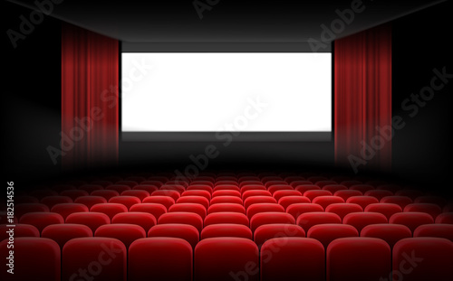 White luminous cinema movie theatre screen with red curtains and rows of chairs, realistic vector illustration, background. Concept movie premiere, poster with interior of a cinema and space for text