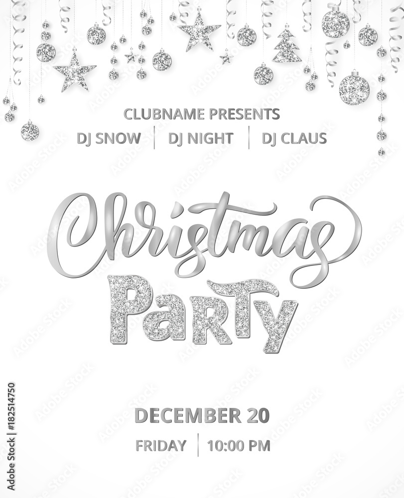 Christmas party poster template, silver on white. Isolated glitter border, garland with hanging balls and ribbons.