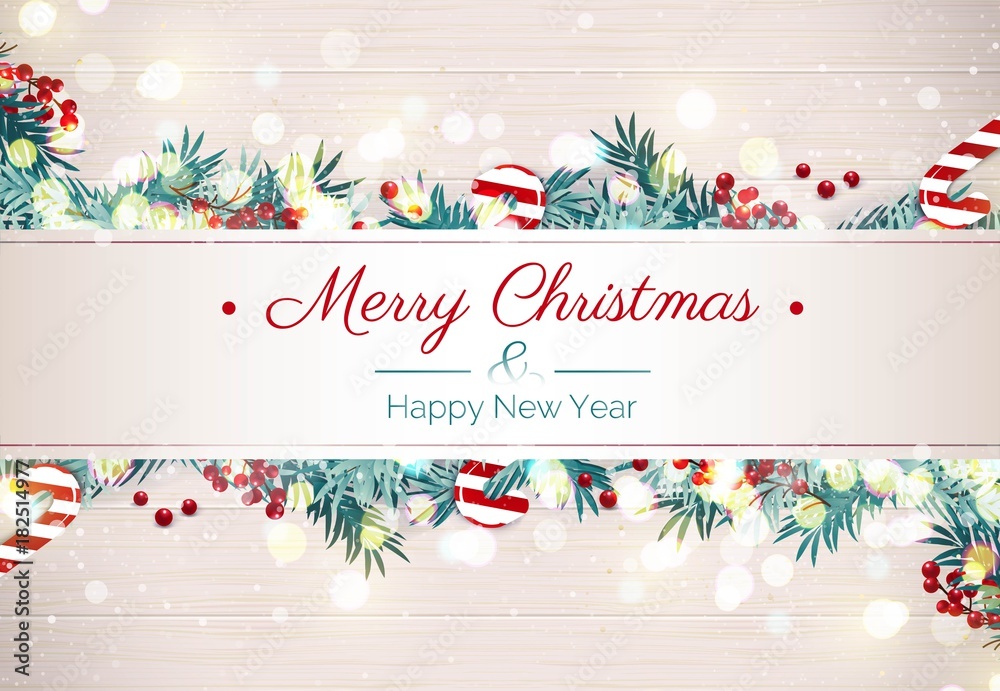 Merry christmas and Happy new year holiday background. Happy holidays banner  with snowflakes, branches, berries and christmas decoration isolated on  wooden background. Vector illustration Stock Vector | Adobe Stock