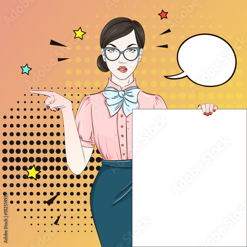 Pop Art Vintage advertising poster comic girl in pink blouse holds a white banner points aside . Comic woman with speech bubble. Vector illustration