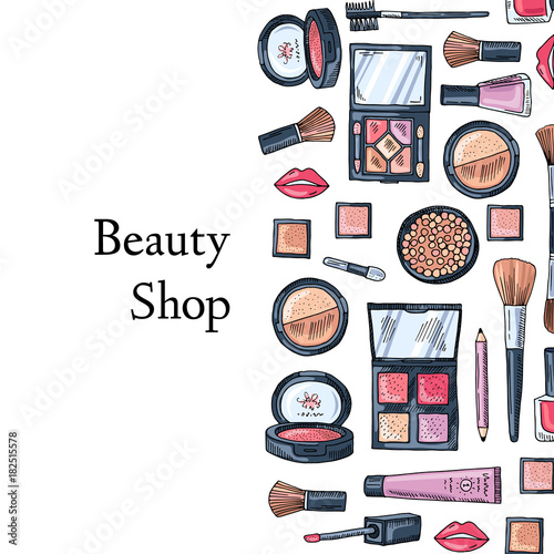 Vector hand drawn makeup products background