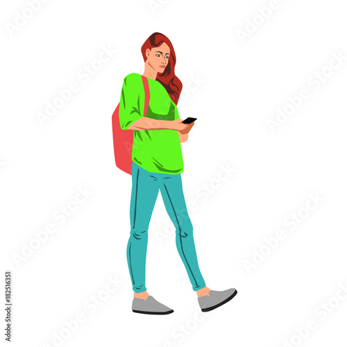 Young woman walking with smart phone vector illustration