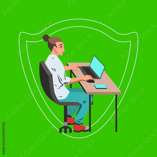 Woman working on her laptop by the desk illustration