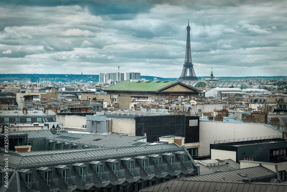 French roofs. Beautiful roofs view in Paris City downtown with s