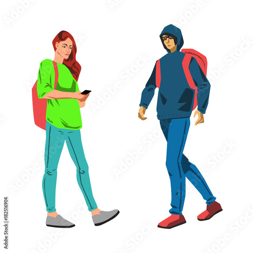 Young students walking vector illustration
