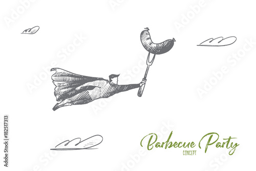 Barbecue party concept. Hand drawn superhero with sausage on fork. Flying hero brings barbequed food for party isolated vector illustration.