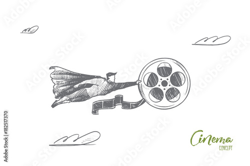 Cinema concept. Hand drawn superhero with big film reel in his hand. Flying hero holds film spool isolated vector illustration.