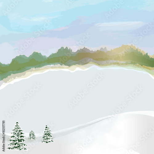 Winter landscape with frozen lake,cloudy sky,snow, coniferous trees and forest
