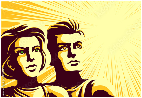 Vintage soviet propaganda style couple man and woman looking into the distance at their 
bright future with epic inspired confident face expression vector illustration photo