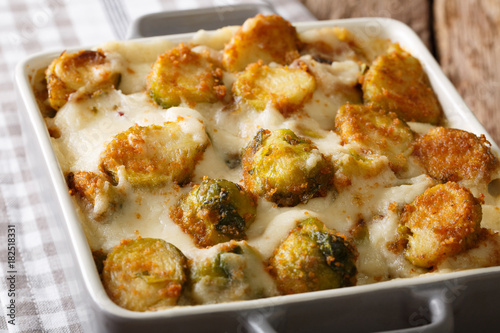 Baked Brussels sprouts with garlic and cream sauce close-up. horizontal