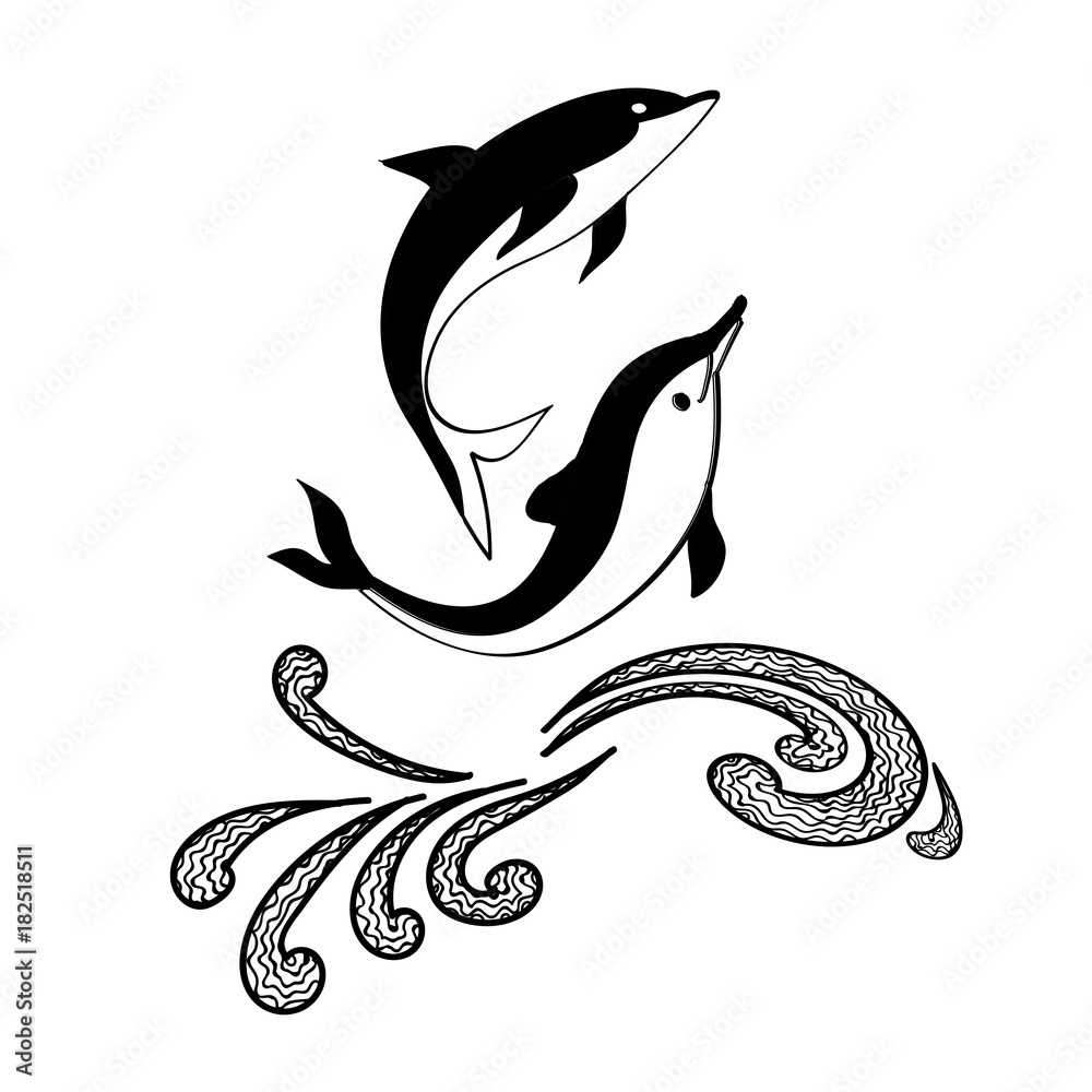 Naklejka premium Dolphins jumping in waves. Logo.