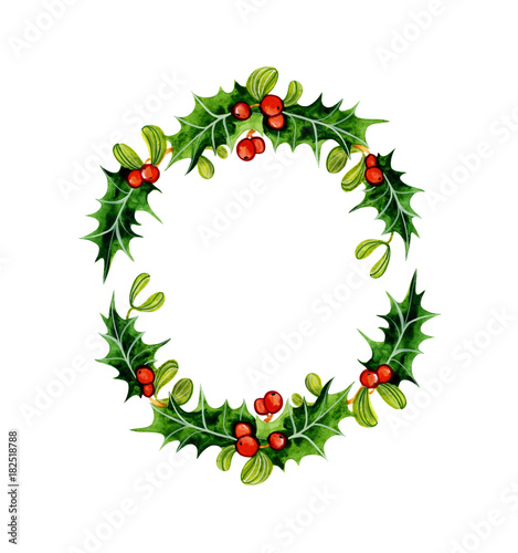 Christmas Holly wreath. Watercolor illustration isolated on white background.