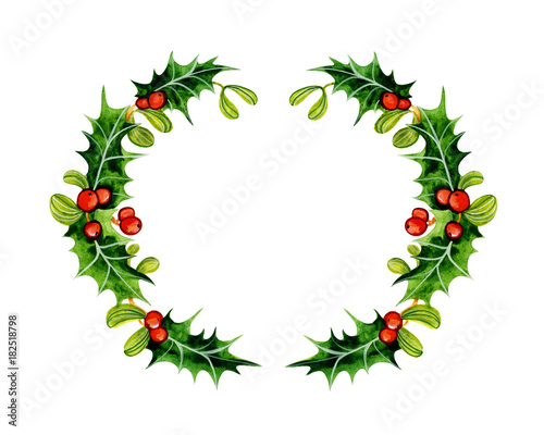 Christmas wreath. Holly and Mistletoe. Watercolor illustration isolated on white background. Hand painted.