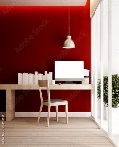 workplace and red wall in home or apartment - Interior design for artwork - 3D Rendering