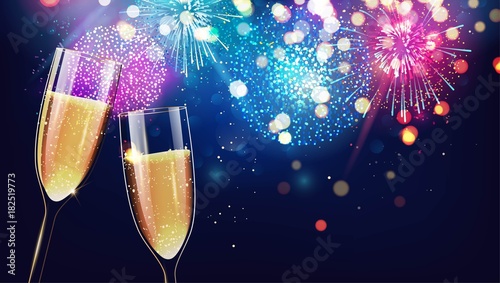 Hello 2018. Merry christmas and happy new year 2018 festive background with two glasses of champagne on sparkling holiday background.  Vector illustration