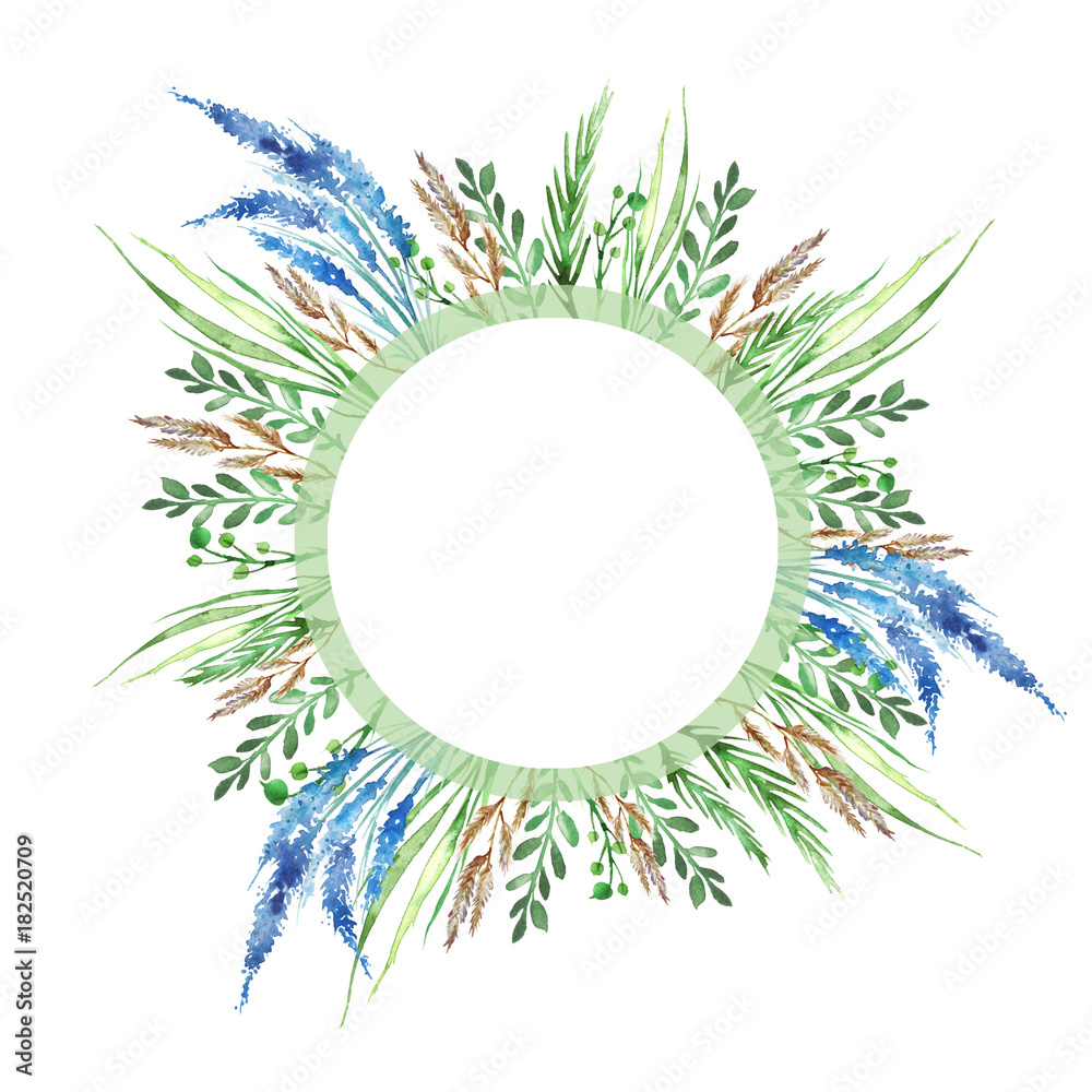 Watercolor card, logo, label, invitation. From a set of flowers, Wheat ears, wild grasses, blue wild flowers, lavender, onions, wild onions leaves, green branches, In vintage style. Watercolor card, logo, label, invitation. From a set of flowers, Wheat ears, wild grasses, blue wild flowers, lavender, onions, wild onions leaves, green branches, In vintage style.