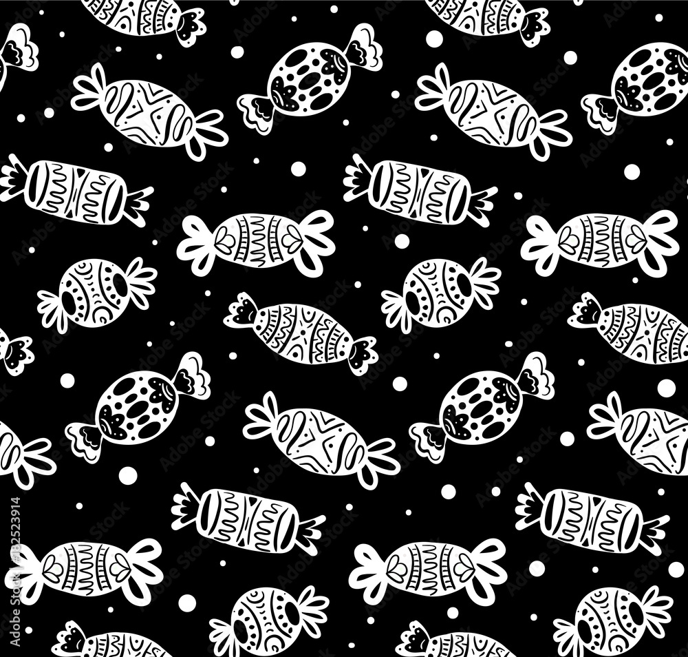 Seamless black and white texture with cartoon festive candies of various shapes. Vector pattern for your creativity Seamless black and white texture with cartoon festive candies of various shapes. Vector pattern for your creativity