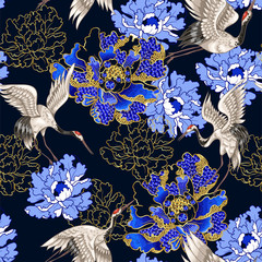 Canvas schilderij Japanse stijl patronen Witte kraanvogels met pioenrozen borduursel  © Yumeee