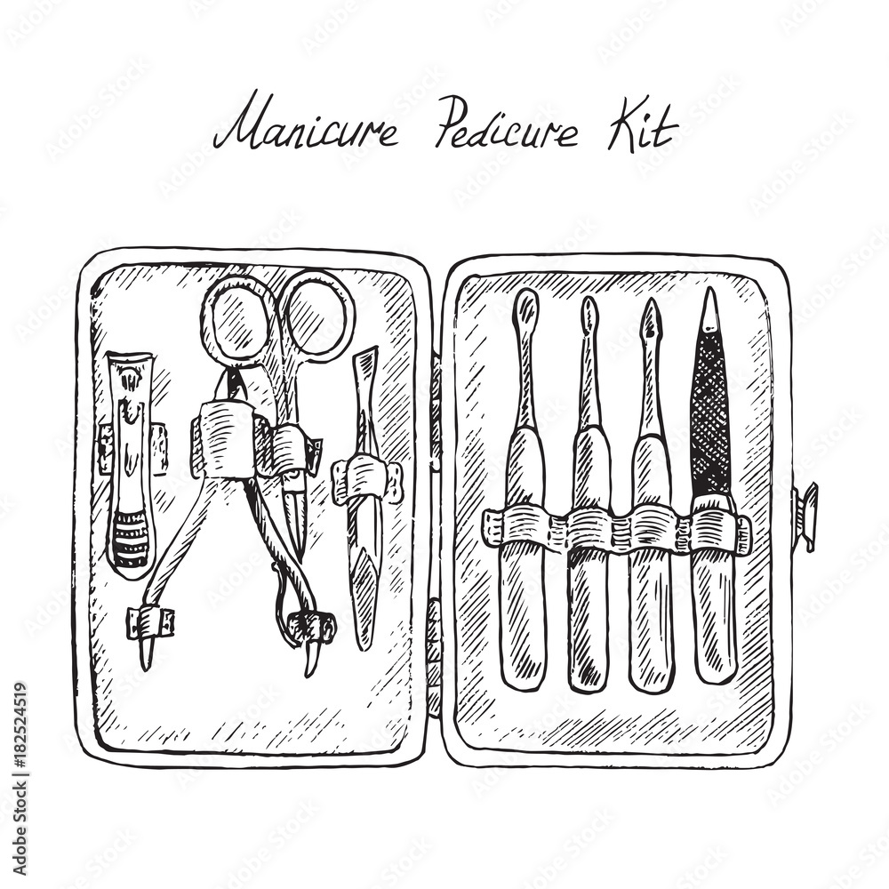 Manicure equipment set. Collection hand drawn different tools. Doodle sketch  style. Vector colorful illustration for banner, website, landing page,  background. 6744002 Vector Art at Vecteezy